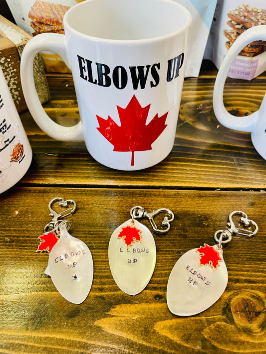 Teaspoon Memories ~ Elbows up keychains.