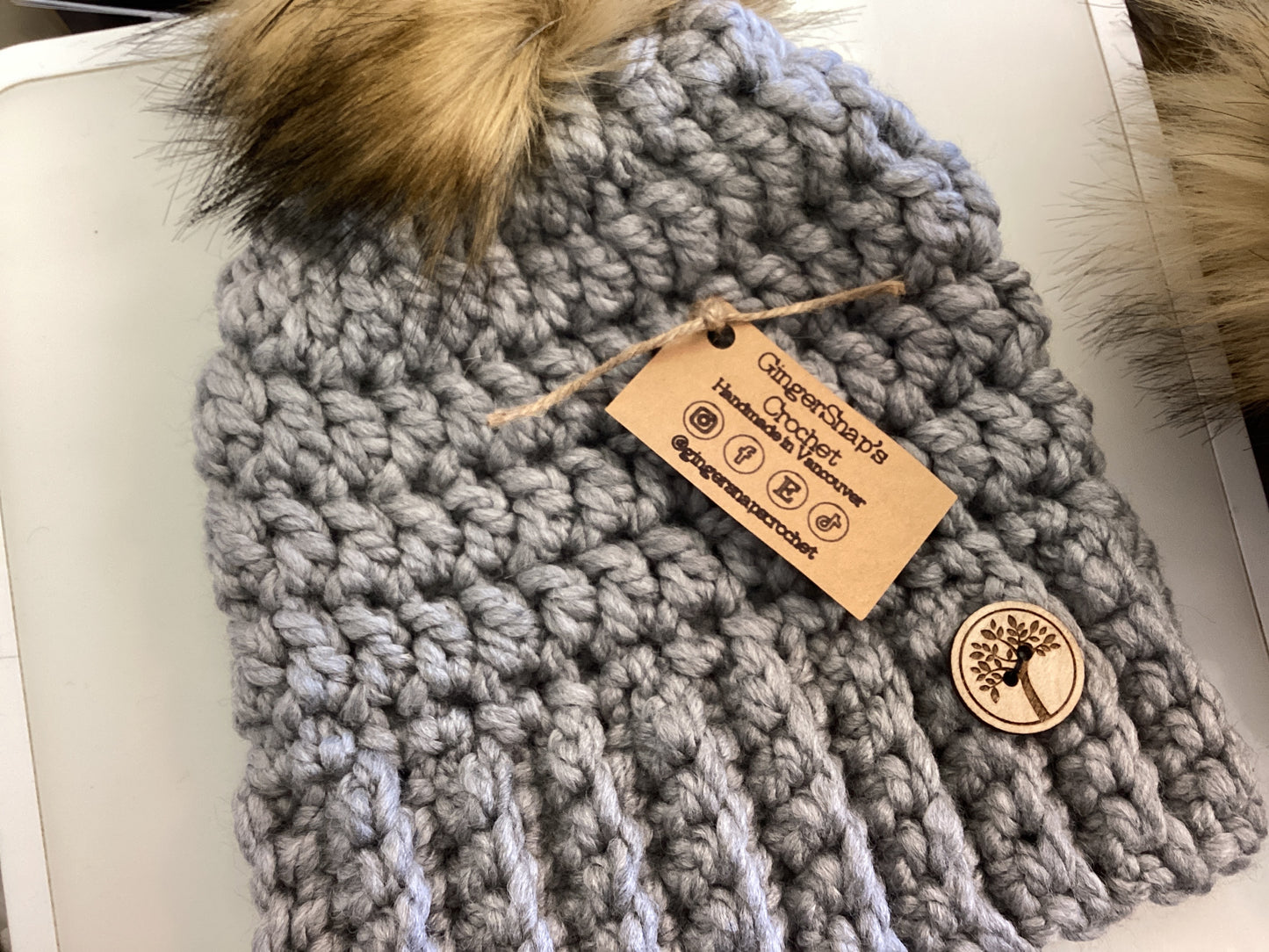 Gingersnaps Crochet - Light Grey Pom Toque