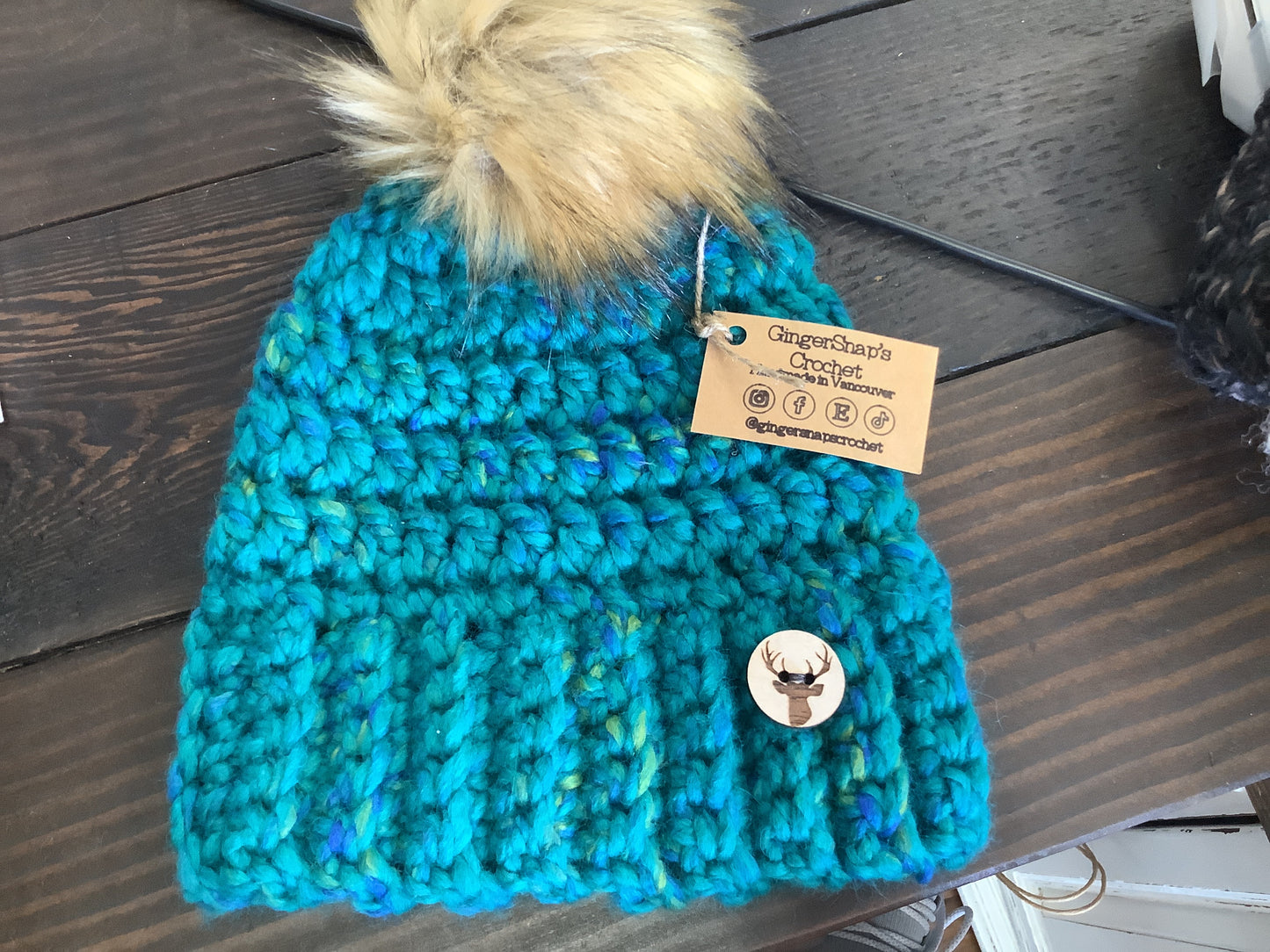 Gingersnaps Crochet -Teal Fleck Pom Toque
