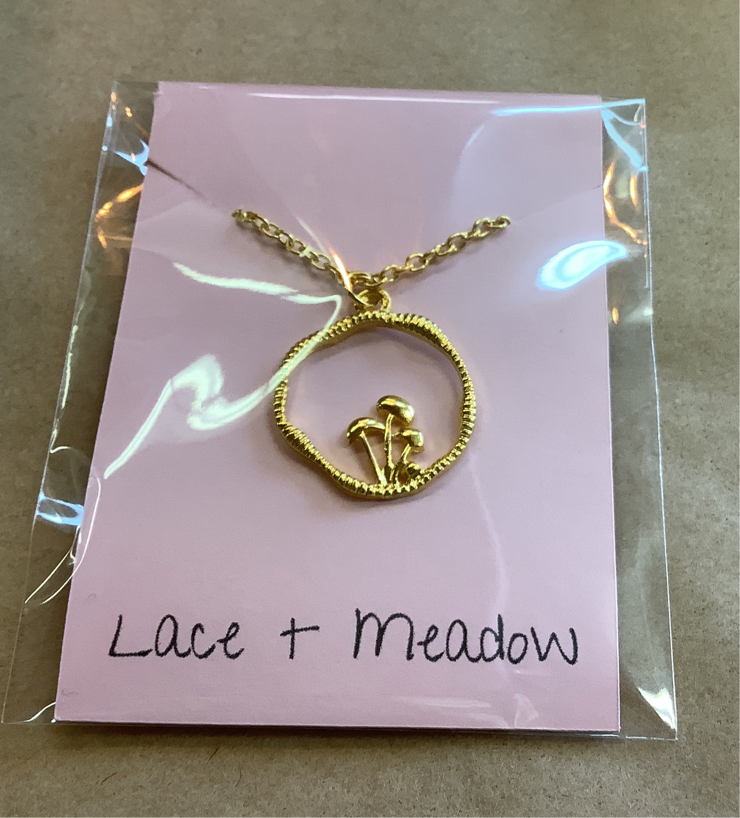 Lace & Meadow Gold Circle With Mushrooms necklace