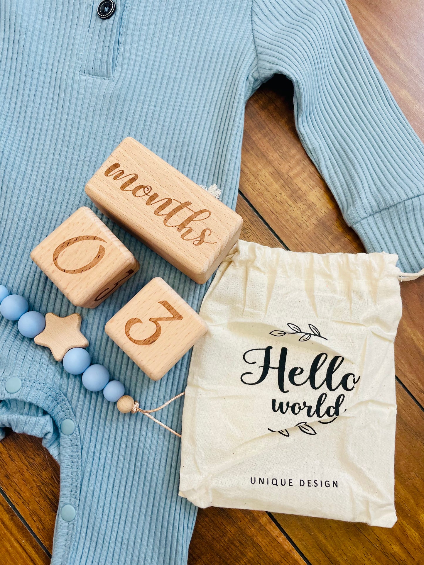 Hello World - Wooden Milestone Cubes in Cotton Bag