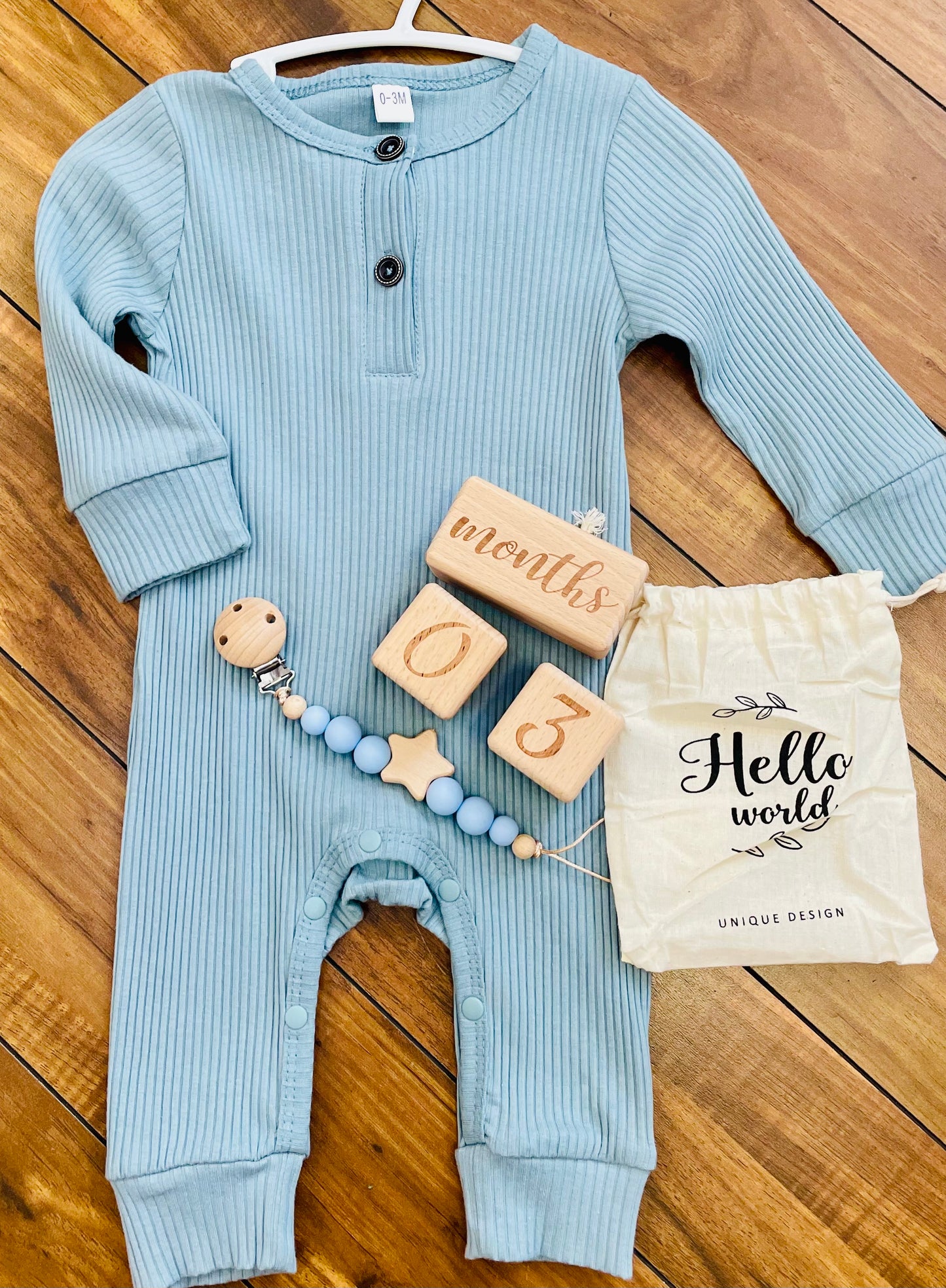 Hello World - Wooden Milestone Cubes in Cotton Bag