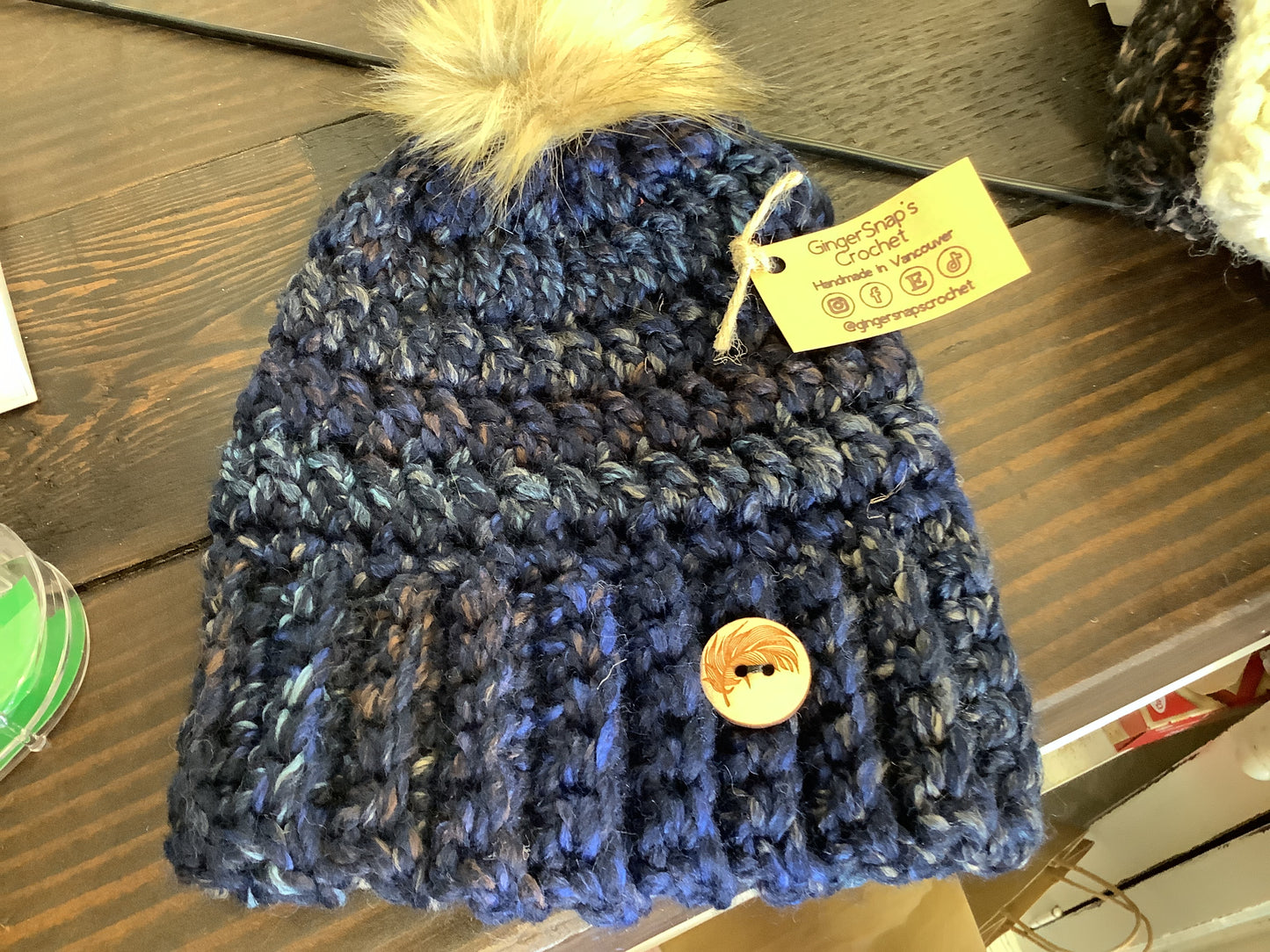 Gingersnaps Crochet - Navy Fleck Pom Toque