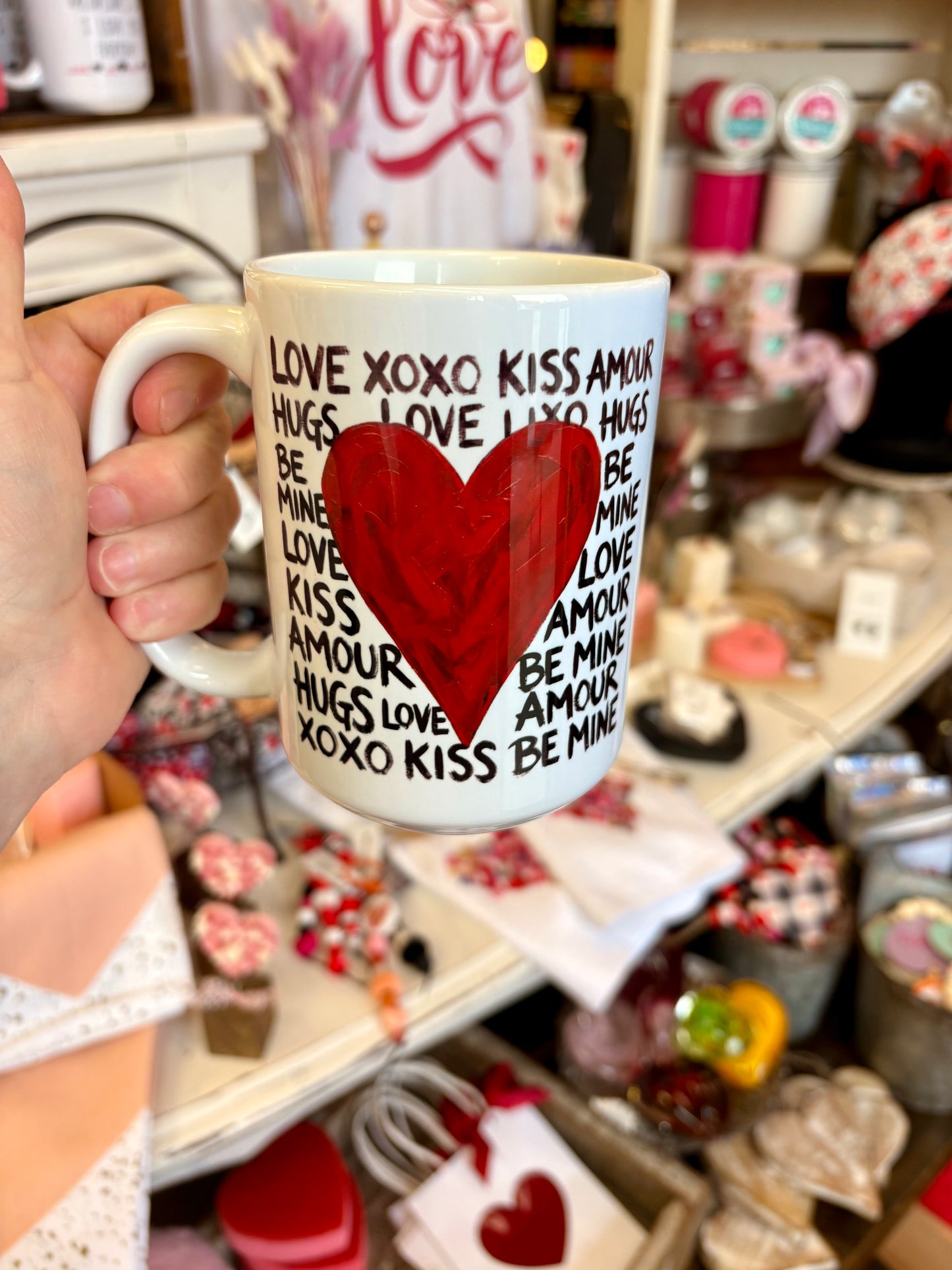 Red Heart mug with writing