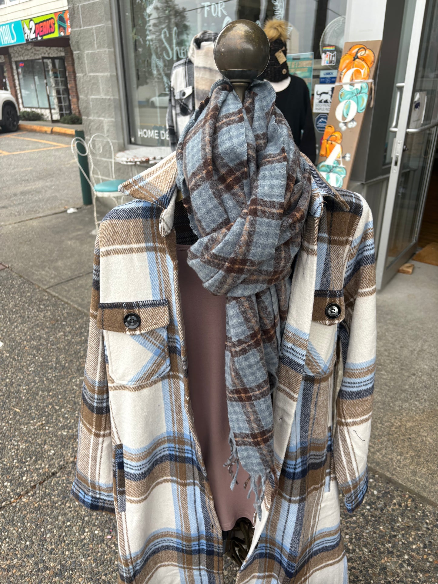 Town & Country blue plaid scarf with tassels
