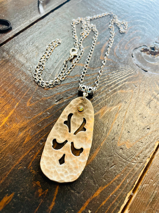 Teaspoon Memories - Hand Carved Stressed Patina Pendant Necklace w/ Small Crystal.