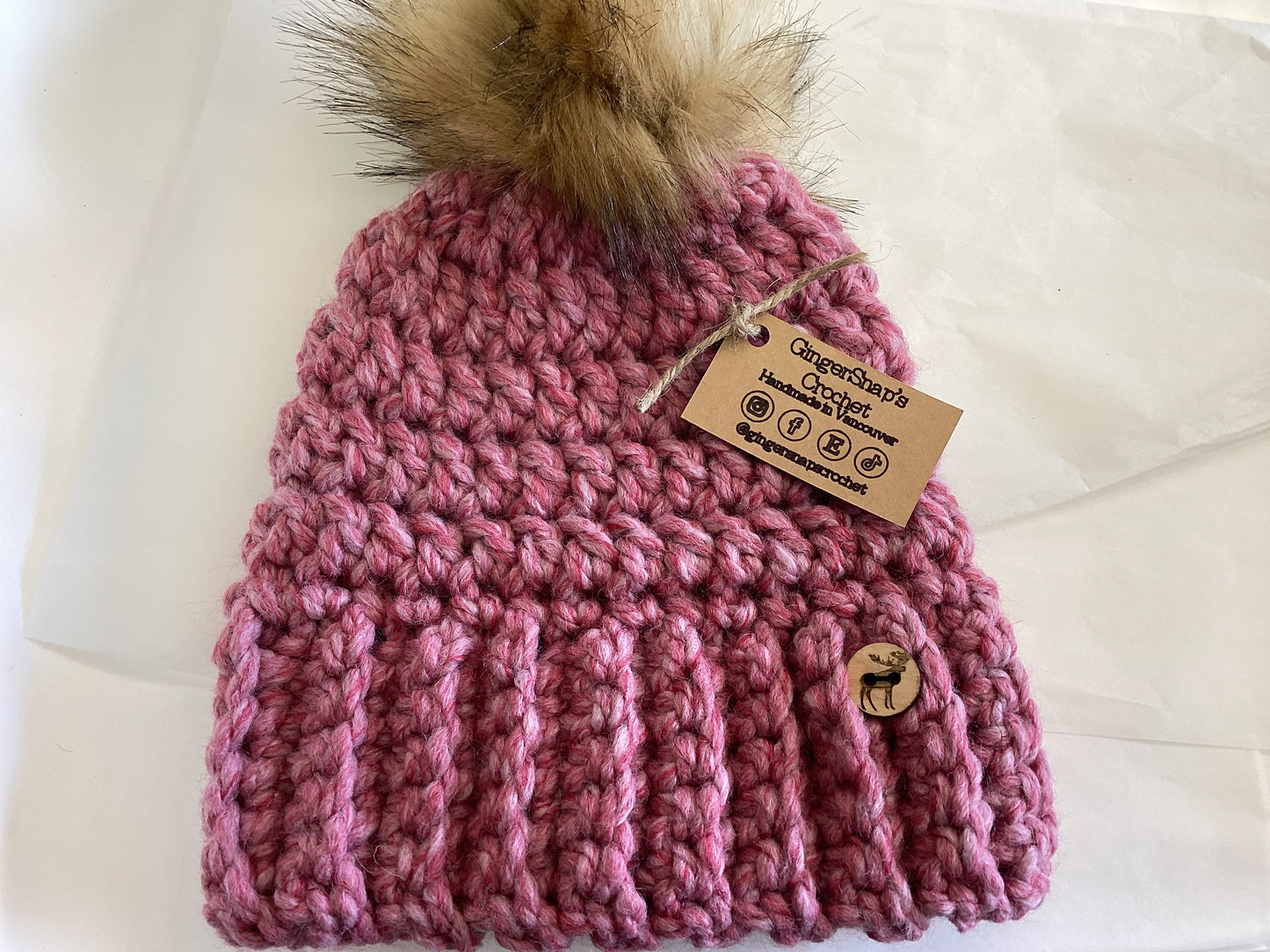 Gingersnaps Crochet -Pink Swirl Pom Toque