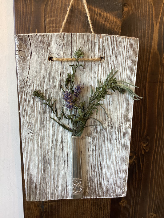 Teaspoon Memories - Hanging Bud Vase on Recycling Barn Wood