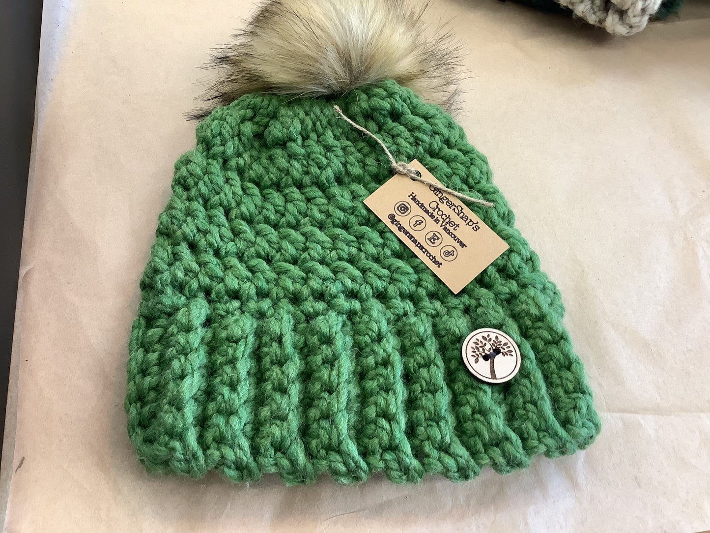 Gingersnaps Crochet - Green Pom Toque