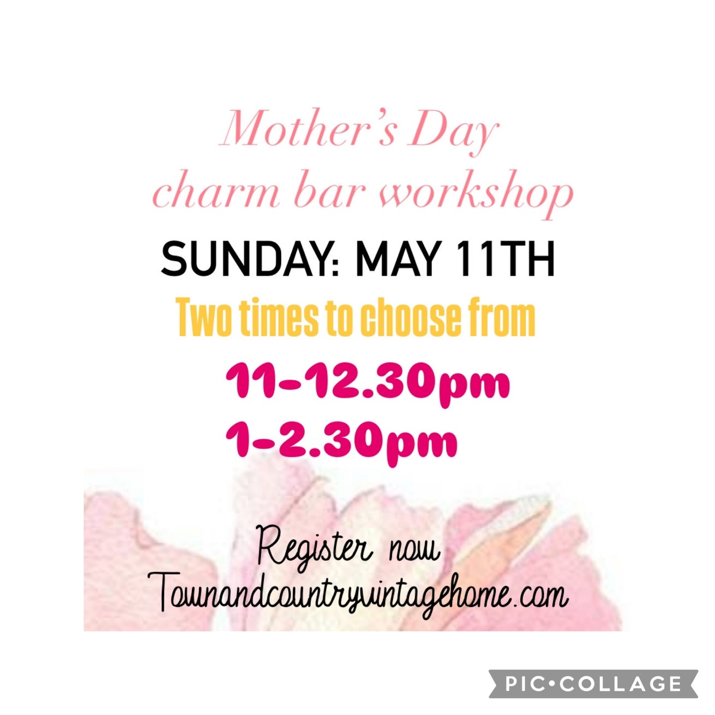 SOLD OUT!                           Mother’s Day charm bar event’s.                              Sunday May 11th ~                                        11.00am~12.30pm.                                                                       1.00pm~-2.30pm