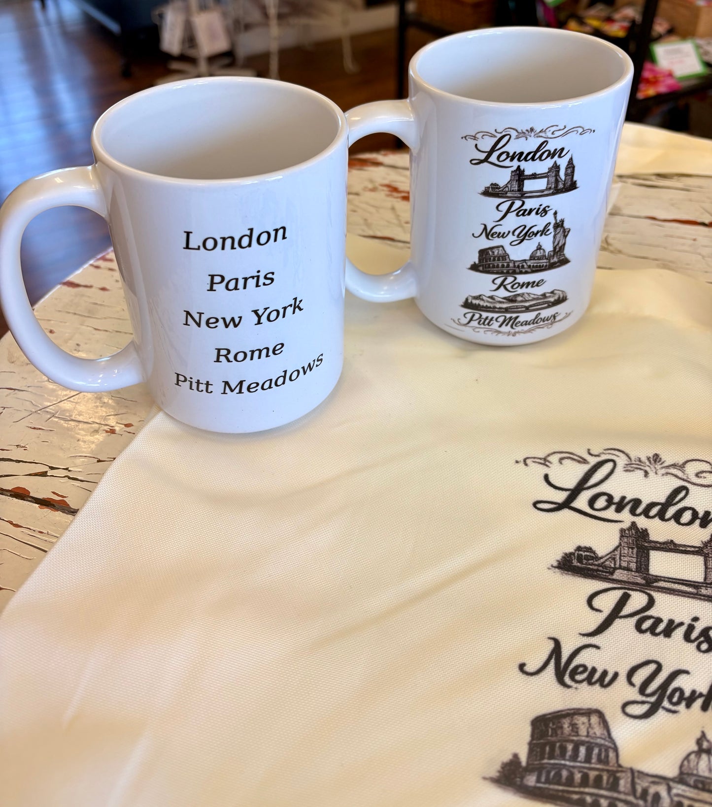 London, Paris,New York, Pitt meadows & Maple ridge mugs.