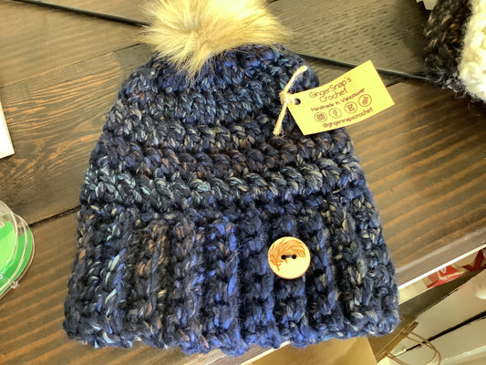 Gingersnaps Crochet - Navy Fleck Pom Toque