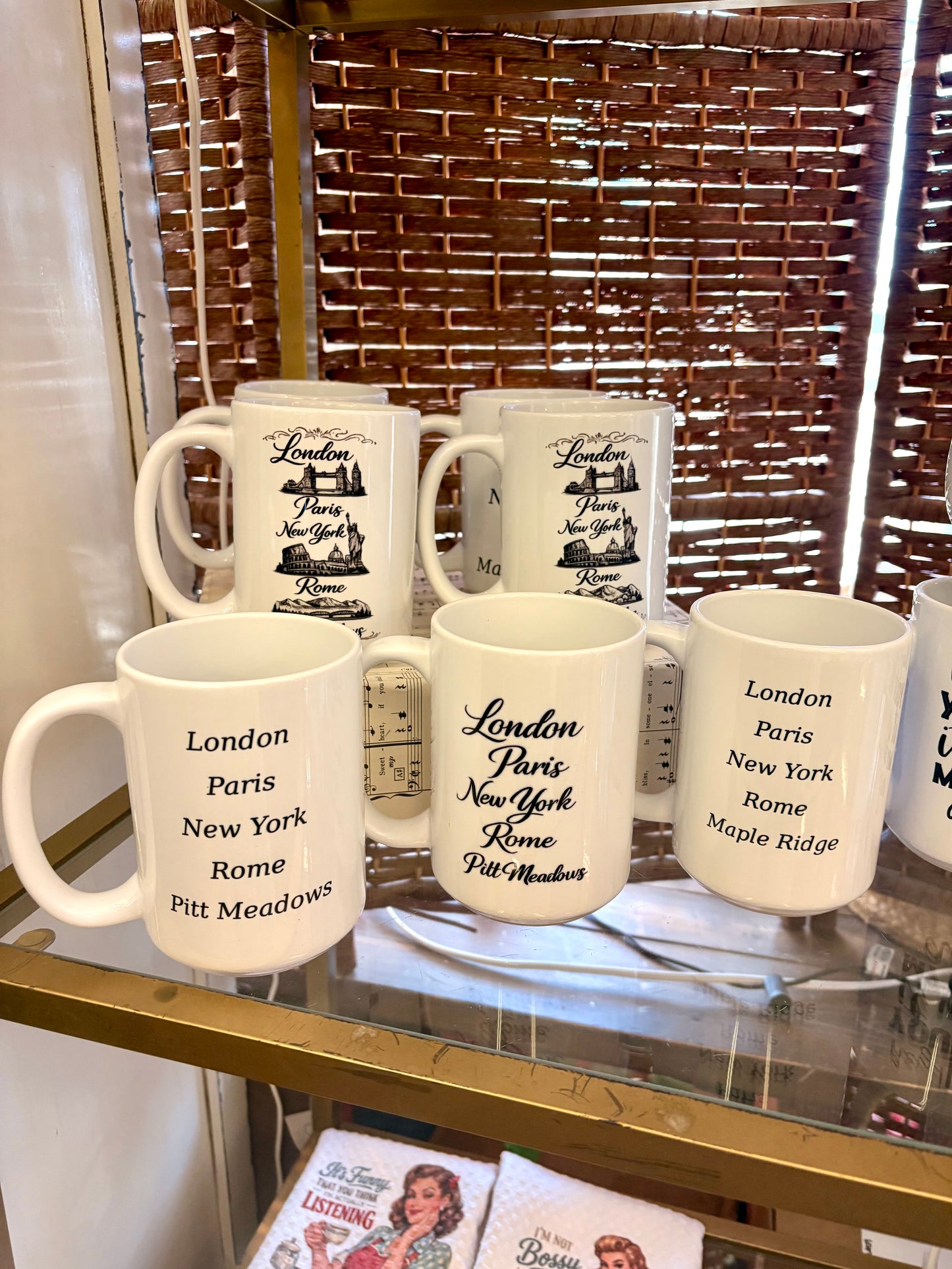 London, Paris,New York, Pitt meadows & Maple ridge mugs.