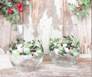 Cc Crafts - Stemless Wreath With Red Berries Wineglass