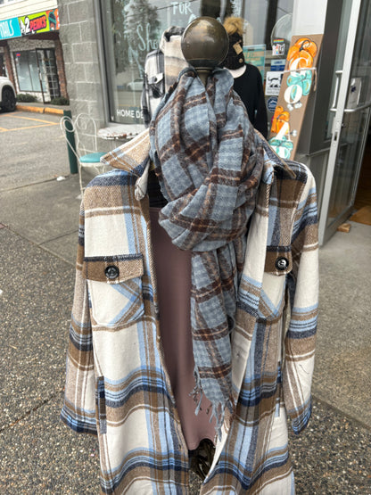 Town & Country blue plaid scarf with tassels