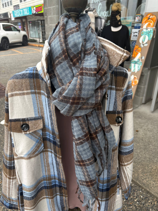 Town & Country blue plaid scarf with tassels