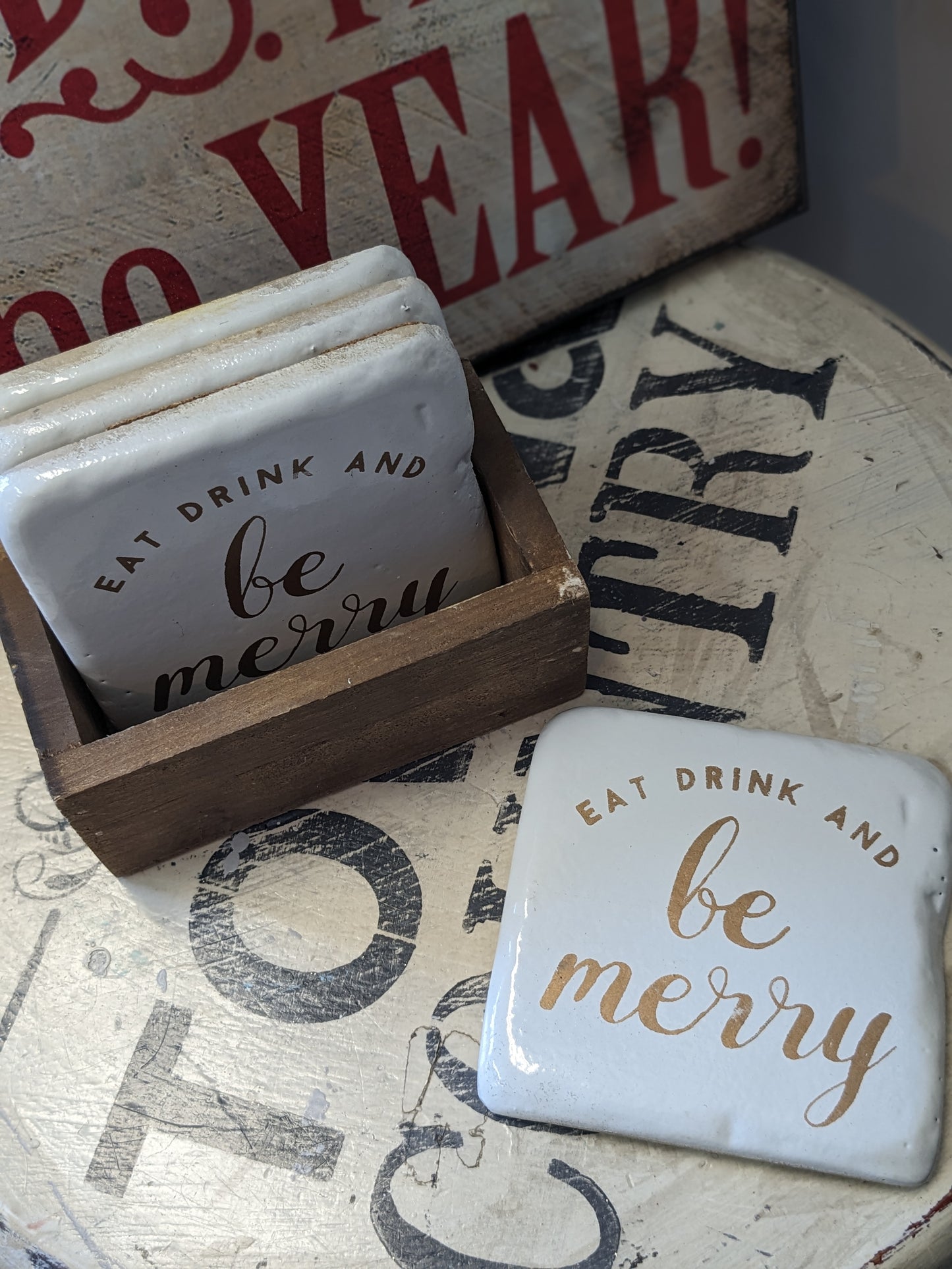 Town & Country - Eat Drink & Be Merry Coaster Set With Holder